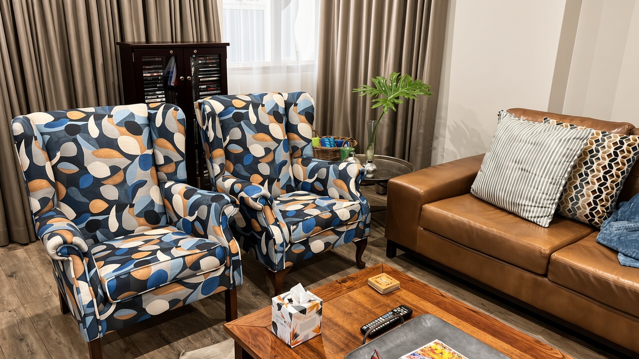 Patterned wingback armchair pair