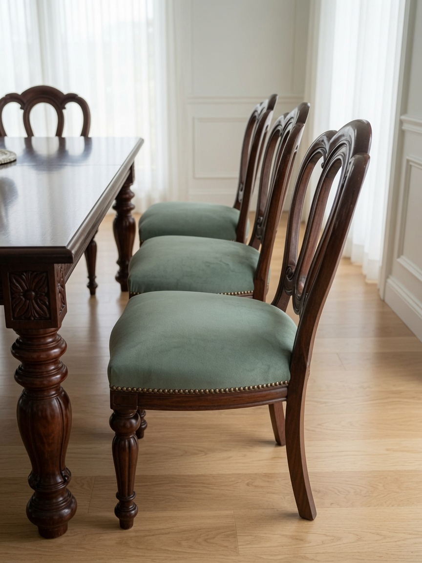 Green balloon-back dining chairs