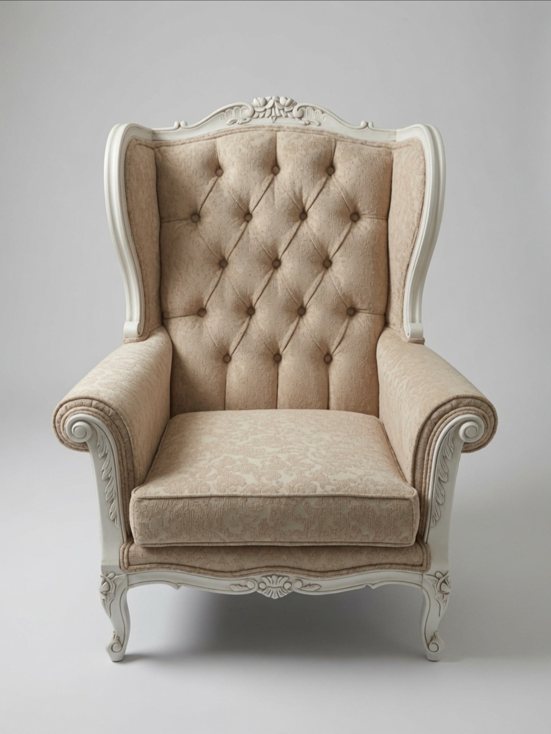 Cream tufted wingback armchair restored with fresh foam and fabric