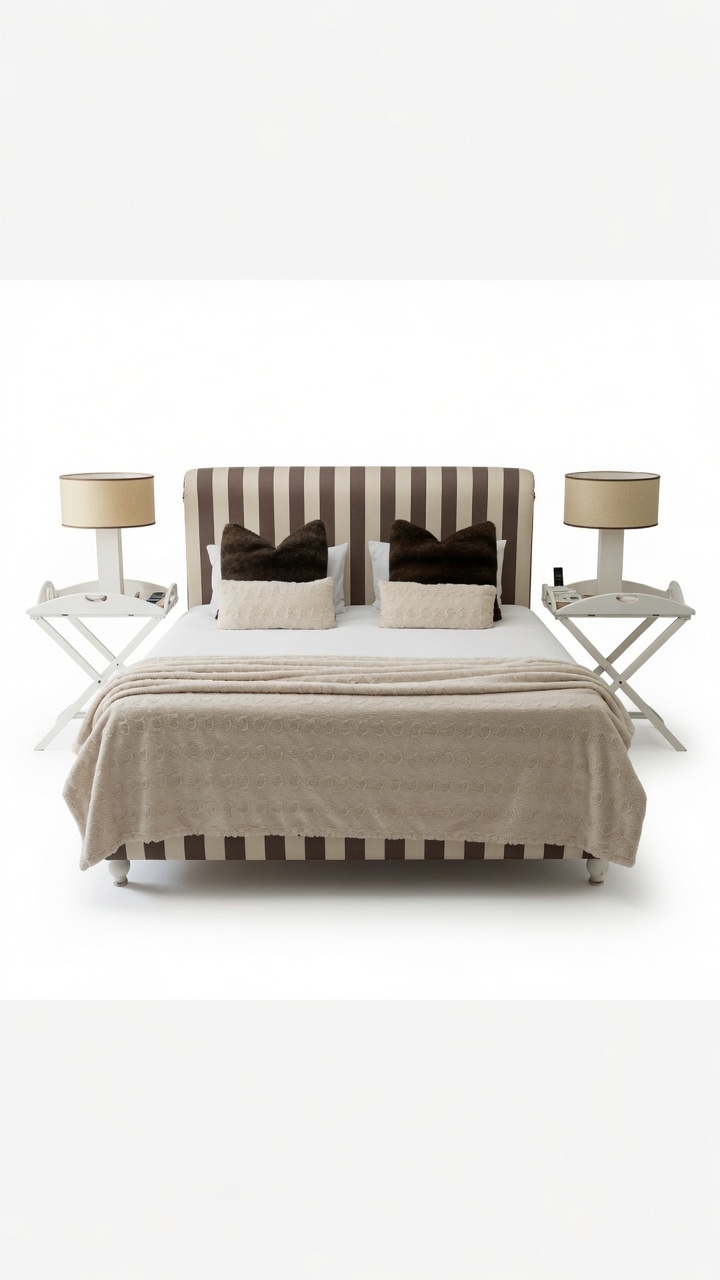Striped brown & cream upholstered bed